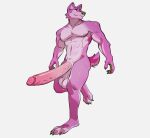  2021 anthro balls big_penis canid canine canis claws feet genitals huge_penis humanoid_genitalia humanoid_penis hyper hyper_genitalia hyper_penis looking_aside male mammal multicolored_body muscular muscular_male nipples nude pecs penis pink_body saggy_balls simple_background solo toe_claws two_tone_body vein veiny_penis vexyvoo wolf 