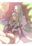  2girls bangs bare_shoulders blush breasts byleth_(fire_emblem) byleth_(fire_emblem)_(female) cape closed_eyes collar commentary_request day eyebrows_visible_through_hair fire_emblem fire_emblem:_three_houses flower green_eyes green_hair hair_between_eyes hair_ornament highres ikarin jewelry lips long_hair long_sleeves multiple_girls navel outdoors parted_bangs parted_lips pointy_ears puffy_long_sleeves puffy_sleeves rhea_(fire_emblem) ring shadow shirt short_shorts shorts sitting sleeves_past_wrists smile stomach white_flower wristband yuri 