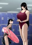  2girls bangs black_hair black_swimsuit blush breasts bulge cleavage futanari height_difference highres hiramedousa huge_breasts innertube locker locker_room long_hair multiple_girls one-piece_swimsuit original parted_lips profile red_swimsuit shadow size_difference small_breasts smile swimsuit very_long_hair 