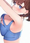  1girl armpits arms_up ayamy ayamy_(vtuber) bare_shoulders blue_eyes breasts brown_hair cleavage crop_top from_side highres indie_virtual_youtuber large_breasts long_hair looking_at_viewer looking_to_the_side midriff simple_background sleeveless smile solo sports_bra sweatdrop upper_body virtual_youtuber wavy_mouth white_background 