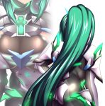  1girl armor ass back bangs blinking blush bodystocking breasts character_name cleavage closed_mouth cowboy_shot earrings eyebrows_visible_through_hair faulds gauntlets green_eyes green_hair headband high_ponytail jewelry large_breasts lips long_hair looking_at_viewer nintendo pantyhose pixivfi-san pneuma_(xenoblade_2) ponytail pose see-through sidelocks simple_background smile solo spoilers standing very_long_hair white_background xenoblade_(series) xenoblade_2 