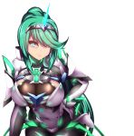  1girl armor bangs blinking blush bodystocking breasts character_name cleavage closed_mouth cowboy_shot earrings eyebrows_visible_through_hair faulds gauntlets green_eyes green_hair headband high_ponytail jewelry large_breasts lips long_hair looking_at_viewer nintendo pantyhose pixivfi-san pneuma_(xenoblade_2) ponytail pose see-through sidelocks simple_background smile solo spoilers standing very_long_hair white_background xenoblade_(series) xenoblade_2 