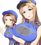  2girls bangs bare_shoulders blue_eyes blue_hat blue_napoleon blue_shirt blush breasts brown_hair cleavage cleavage_cutout crossed_arms epaulettes eyebrows_visible_through_hair hat head_tilt idolmaster idolmaster_cinderella_girls jewelry kawashima_mizuki large_breasts light_brown_hair long_hair looking_at_viewer matsumoto_sarina multiple_girls parted_bangs parted_lips pataniito ponytail see-through shirt simple_background sleeveless upper_body white_background wrist_cuffs yellow_eyes 