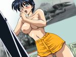  1girl aihara_takuya blush breasts eroge game_cg indoors mirror nipples short_hair shorts solo topless x-change 