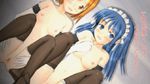  2girls animated animated_gif blue_hair breasts cum cumshot disembodied_penis gif maid_headdress multiple_girls nipples nude penis sex text 