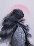 1boy alexineskiba animal_head armor blaidd_the_half-wolf brooch cloak closed_mouth elden_ring fur_cloak furry furry_male highres holding jewelry looking_at_viewer male_focus moon simple_background solo sword weapon wolf_boy 