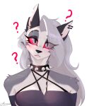  anthro blush canid canid_demon clothed clothing demon female fur hair hellhound helluva_boss looking_at_viewer loona_(helluva_boss) mammal ranadi simple_background solo white_body white_fur 