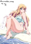  1girl beach bikini blonde_hair blue_eyes breasts collarbone elf green_bikini holding holding_towel huge_breasts long_hair nafta pointy_ears side-tie_bikini sitting solo string_bikini swimsuit tiffania_westwood towel zero_no_tsukaima 