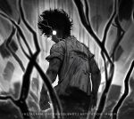  1boy absurdres arms_at_sides artist_name artstation_username aura belt dark_aura from_behind glowing glowing_eyes grey_background greyscale highres instagram_username kageyama_shigeo looking_at_viewer male_focus manip mob_psycho_100 monochrome rubble shirt solo spiked_hair standing t-shirt torn_clothes watermark 