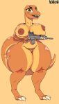  anthro big_breasts big_butt breast_play breasts butt claws dinosaur eyebrows female genitals gun hi_res huge_butt kouh long_tail nipples orange_body pussy ranged_weapon reptile scalie sharp_teeth solo teeth weapon 
