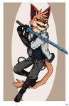  anthro bad_guy_cafe blade boots brown_body brown_fur clothing felid feline footwear fur hi_res house_(opifexcontritio) male mammal red_eyes sand_fur scar solo ziegelzeig 