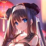  1girl :o bangs blue_eyes breasts brown_hair cleavage close-up collarbone double_bun dress eyebrows_visible_through_hair hair_between_eyes hair_intakes hair_tie hairband lantern paper_lantern rinne_(sennen_sensou_aigis) sennen_sensou_aigis signature solo tassel upper_body yuasa_akira 