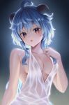  1girl :o ahoge blue_hair breasts cleavage dress eyebrows_visible_through_hair ganyu_(genshin_impact) genshin_impact goat_horns hair_between_eyes highres horns long_hair looking_at_viewer medium_breasts neit_ni_sei purple_eyes solo wet wet_clothes wet_dress white_dress 