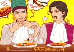  2boys beehive_hairdo bib black_hair brothers chopsticks earrings facial_mark green_hair headband holding holding_chopsticks jewelry jojo_no_kimyou_na_bouken katsu_(food) male_focus multiple_boys red_eyes siblings sweat terence_t._d&#039;arby tianel_ent tonkatsu 