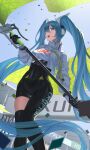  1girl :d absurdres black_gloves black_legwear blue_eyes blue_hair breasts confetti covered_navel flag gloves hatsune_miku highres holding holding_flag jacket long_hair looking_at_viewer racing_miku_(2022) saba-kann_(kannsaba) smile solo thighhighs twintails very_long_hair vocaloid 