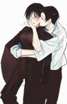  1boy 1girl bandages black_hair burn_scar glasses highres jujutsu_kaisen kiss kissing_cheek kudan_(itisarudomo) okkotsu_yuuta one_eye_covered round_eyewear scar simple_background spoilers white_background zen&#039;in_maki 