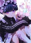  1boy animal_ears black_hair cat_ears doughnut eating eita_789 fake_animal_ears food highres holding holding_food ice_cream long_sleeves male_focus original purple_eyes short_hair short_shorts shorts socks solo sundae sweatshirt white_background white_legwear 