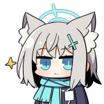  1girl :3 animal_ear_fluff animal_ears bangs blue_archive blue_eyes blue_scarf blush chibi closed_mouth commentary_request cross_hair_ornament eyebrows_visible_through_hair grey_hair hair_ornament halo looking_at_viewer medium_hair mismatched_pupils plover portrait scarf shiroko_(blue_archive) sidelocks simple_background solo star_(symbol) upper_body white_background 