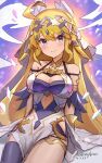  1girl ahoge bangs bare_shoulders blonde_hair blue_eyes blush breasts cleavage closed_mouth clothing_cutout dated dragalia_lost dress hair_ornament highres long_hair looking_at_viewer medium_breasts punished_pigeon ribbon single_thighhigh sitting smile thighhighs tiara zethia 
