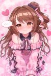  1girl blush bow bowtie brown_hair clothing_cutout dress embarrassed full-face_blush hair_bow heart highres idol idolmaster idolmaster_cinderella_girls j2l looking_at_viewer one_side_up own_hands_together patterned_clothing pink_dress shimamura_uzuki shoulder_cutout solo spoken_blush wavy_hair wavy_mouth 