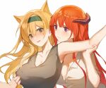  2girls alternate_costume anann717 animal_ears arknights arm_grab arm_up armpits bagpipe_(arknights) bangs bare_arms bare_shoulders blonde_hair blush breast_grab breasts cleavage dragon_horns eyebrows_visible_through_hair grabbing grabbing_from_behind green_eyes green_hairband hairband highres horn_(arknights) horns large_breasts long_hair multiple_girls nipple_tweak nose_blush open_mouth purple_eyes shirt short_sleeves simple_background sleeveless tank_top upper_body v-shaped_eyebrows white_background white_shirt wolf_ears yuri 