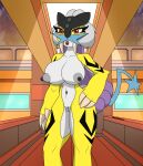  anthro big_breasts breasts clothing erect_nipples female front_view fur genitals hand_on_hip hi_res humanoid legendary_pok&eacute;mon legwear looking_at_viewer nintendo nipples nude nude_female pok&eacute;mon pok&eacute;mon_(species) pussy raikou red_eyes samrunner solo thick_thighs video_games 