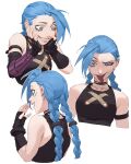  1girl arcane:_league_of_legends armband blue_hair braid grin hands_on_own_cheeks hands_on_own_face heart heart-shaped_pupils highres jinx_(league_of_legends) league_of_legends long_hair looking_at_viewer simple_background smile symbol-shaped_pupils tongue tongue_out twin_braids twintails umber white_background wide-eyed yandere_trance 