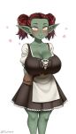  apron blush breasts cleavage colored_skin fangs female_goblin forehead freckles goblin green_skin highres large_breasts legs original pointy_ears red_hair shortstack skirt smile solo_focus twintails twrlare yellow_eyes 