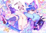  1boy androgynous animal_ear_headwear animal_ears asymmetrical_legwear backpack bag bandaid blue_eyes blue_hair cat cat_ears eita_789 fake_animal_ears heterochromia hood hood_down hoodie long_sleeves original otoko_no_ko purple_eyes short_hair short_shorts shorts socks solo 