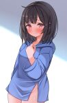  1girl bangs black_hair blue_hoodie blush closed_mouth commentary_request eyebrows_visible_through_hair granblue_fantasy groin hand_up hekomii highres hood hood_down hoodie long_sleeves looking_at_viewer red_eyes smile solo vikala_(granblue_fantasy) wide_sleeves 