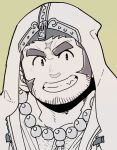  1boy bara bead_necklace beads chest_hair cross_scar face facial_hair gg_ths_lah grin hood hood_up houzouin_oniwaka jewelry long_sideburns male_focus mature_male necklace pectoral_cleavage pectorals scar scar_on_face scar_on_forehead short_hair sideburns smile solo stubble thick_eyebrows tokyo_afterschool_summoners upper_body 
