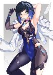  1girl absurdres armpits arms_up bangs black_gloves black_hair blue_hair blunt_bangs blush breasts chinese_commentary cleavage cleavage_cutout clothing_cutout commentary_request earrings elbow_gloves feathers fur-trimmed_jacket fur_trim genshin_impact gloves green_eyes grin highres jacket jewelry jie_xian_(tsuki) large_breasts looking_at_viewer multicolored_hair parted_lips partial_commentary short_hair single_glove sleeveless smile solo standing thighs white_jacket yelan_(genshin_impact) 