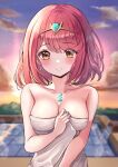  1girl absurdres bangs breasts chest_jewel cleavage earrings headpiece highres jewelry kaede_(maple4rt) large_breasts naked_towel onsen pyra_(xenoblade) red_eyes red_hair short_hair swept_bangs tiara towel xenoblade_chronicles_(series) xenoblade_chronicles_2 