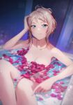  1girl bathing bathtub blue_eyes breasts cleavage closed_mouth collarbone hand_on_own_head looking_at_viewer love_live! love_live!_nijigasaki_high_school_idol_club medium_breasts mole mole_under_eye night night_sky nude petals petals_on_liquid pink_hair shamakho sky solo steam tied_hair water wet window zhong_lanzhu 