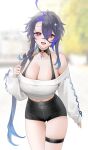  1girl :d absurdres ahoge azur_lane bangs bare_shoulders black_shorts blurry blurry_background breasts cleavage collarbone cowboy_shot cropped_sweater cross cross_hair_ornament crossed_bangs day detached_collar foch_(azur_lane) foch_(rainbow_rendezvous)_(azur_lane) grey_hair hair_between_eyes hair_ornament hair_over_one_eye hand_up high-waist_shorts highres large_breasts latex_shorts long_hair looking_at_viewer midriff_peek multicolored_hair navel off-shoulder_sweater off_shoulder official_alternate_costume ohisashiburi open_mouth outdoors purple_hair red_eyes ribbon-trimmed_sleeves ribbon_trim shorts sidelocks skindentation sleeves_past_wrists smile solo standing sweater thigh_gap white_sweater zipper_pull_tab 
