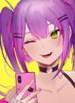  absurdres bibi_(tokoyami_towa) cellphone choker close-up face fangs green_eyes hand_up highres holding holding_phone hololive looking_at_viewer o-ring o-ring_choker one_eye_closed open_mouth phone pink_hair portrait smartphone smile takasumikei tokoyami_towa virtual_youtuber yellow_background 
