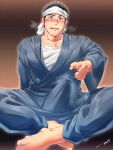  1boy bara black_hair blue_kimono blush bulge erection erection_under_clothes gojou_wakana headband highres indian_style japanese_clothes kimono male_focus mole mole_under_eye muscular muscular_male reward_available shirt short_hair sitting solo sono_bisque_doll_wa_koi_wo_suru tepen_(tptptpn) white_shirt wide_sleeves 