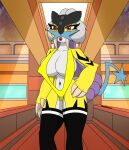  anthro big_breasts breasts clothing female front_view fur hand_on_hip hi_res humanoid legendary_pok&eacute;mon legwear looking_at_viewer nintendo panties pok&eacute;mon pok&eacute;mon_(species) raikou samrunner solo thick_thighs underwear video_games 