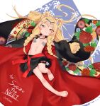  1girl :3 absurdres animal_ears animal_hands bare_legs barefoot black_kimono blonde_hair blush braid commission flat_chest full_body hair_ornament highres japanese_clothes jewelry kimono long_hair looking_at_viewer lying navel necklace ofuda ofuda_on_nipples on_back open_clothes open_kimono original owasaki pasties print_kimono sash short_eyebrows signature skeb_commission smile solo thick_eyebrows thigh_strap twin_braids very_long_hair yellow_eyes 