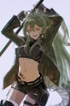  1girl antenna_hair arknights arms_up bangs black_bag black_shorts breasts cowboy_shot crocodilian_tail fang gavial_(arknights) gloves green_hair grey_background hair_between_eyes highres jacket leather leather_jacket long_hair looking_at_viewer midriff navel open_mouth oripathy_lesion_(arknights) pointy_ears roncele shorts simple_background small_breasts smile solo thigh_pouch thigh_strap v-shaped_eyebrows very_long_hair yellow_eyes 