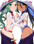  2girls absurdres black_hair blush dark-skinned_female dark_skin eyeliner fate/grand_order fate_(series) gloves green_eyes green_hair hair_between_eyes hat heads_together highres long_hair long_sleeves makeup multicolored_hair multiple_girls nakayoshi_saber ponytail siblings sidelocks single_sleeve sisters smile streaked_hair tororokobu trung_nhi_(fate) trung_sisters trung_trac_(fate) wavy_hair white_headwear yellow_eyes 