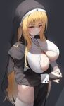  1girl absurdres bangs blonde_hair breast_cutout breasts eyebrows_visible_through_hair eyelashes eyes_visible_through_hair highres huge_breasts k_pring large_breasts long_hair looking_at_viewer nun original red_eyes solo solo_focus symbol-only_commentary thighhighs thighs 
