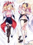  1girl barefoot black_bra black_panties blonde_hair blue_eyes bra breasts center_frills dakimakura_(medium) demon_girl demon_horns demon_tail demon_wings frills gradient_hair highres hololive horns labcoat lace-trimmed_skirt lace_trim large_breasts lying multicolored_hair multiple_views nardack no_shoes on_back on_stomach panties parted_lips pink_shirt red_hair sandals sandals_removed shirt skirt tail thighhighs underwear underwear_only virtual_youtuber wings yuzuki_choco 