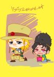  2boys black_hair blonde_hair blue_eyes boingo book chaps chibi cowboy_hat dark-skinned_male dark_skin denim emperor_(stand) gun hat hol_horse jeans jojo_no_kimyou_na_bouken male_focus multiple_boys pants pelvic_curtain purple_eyes sitting stand_(jojo) stardust_crusaders thoth_(stand) tianel_ent visor_cap weapon yokozuwari 