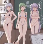  3girls animal_ears arm_under_breasts ass_visible_through_thighs bare_arms bare_legs bare_shoulders bikini blue_eyes blurry blurry_background blush braid breasts chalkboard closed_eyes collarbone commentary drawing embarrassed eyepatch_bikini frog_hair_ornament green_hair grey_eyes grey_hair hair_ornament hair_tubes hand_on_hip highres indoors izayoi_sakuya kochiya_sanae long_hair maid_headdress medium_breasts micro_bikini miyo_(ranthath) modeling multiple_girls navel purple_hair rabbit_ears reisen_udongein_inaba revealing_clothes short_hair sketching slingshot_swimsuit snake_hair_ornament standing string_bikini sweat swimsuit thigh_gap touhou twin_braids very_long_hair 