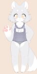  2022 4_fingers :3 anthro barefoot bent_arm big_hands biped blush breasts canid canine canis chest_tuft chibi_(nuk_sun) clothing countershade_face countershade_tail countershade_torso countershading feet female fingers fluffy fluffy_tail gesture hair hi_res japanese_text kemono looking_at_viewer mammal multicolored_body nuk_sun pawpads paws pink_pawpads school_swimsuit short_hair silver_body silver_hair simple_background small_breasts solo standing swimwear tan_background text thick_arms toes tuft two_tone_body two_tone_tail waving white_body wolf yellow_eyes 