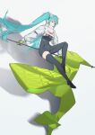  1girl :o aqua_eyes aqua_hair bangs black_bodysuit black_footwear black_gloves bodysuit boots breasts clothes_writing crop_top flag full_body gloves green_gloves hatsune_miku highres holding hui_feng long_hair long_sleeves looking_away medium_breasts parted_lips racing_miku racing_miku_(2022) see-through simple_background single_thigh_boot skin_tight solo thigh_boots thighhighs twintails two-tone_gloves very_long_hair vocaloid white_background 