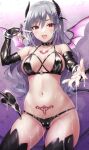  1girl :d arm_up bare_shoulders black_choker black_gloves black_legwear breasts cameltoe chest_tattoo choker cleavage collarbone contrapposto cowboy_shot cum cum_on_body demon_girl demon_horns demon_tail demon_wings elbow_gloves fingerless_gloves gloves grey_hair groin halterneck highres horns idolmaster idolmaster_cinderella_girls kanzaki_ranko large_breasts long_hair looking_at_viewer navel open_mouth pubic_tattoo red_eyes smile solo standing stomach string_bikini tail tattoo thighhighs thighs urabi_(tomatohouse) wings 