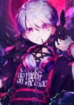  1boy animal_on_shoulder black_shirt bunny ear_piercing earrings eita_789 headphones highres jewelry long_sleeves looking_at_viewer male_focus moon multicolored_hair night night_sky original piercing purple_eyes purple_hair shirt short_hair sky solo white_hair 