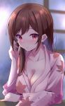  1girl absurdres bangs blush breasts brown_hair cleavage closed_mouth collarbone highres japanese_clothes kanojo_okarishimasu kimono large_breasts long_hair looking_at_viewer mizuhara_chizuru okarishimas red_eyes rumukio solo yukata 